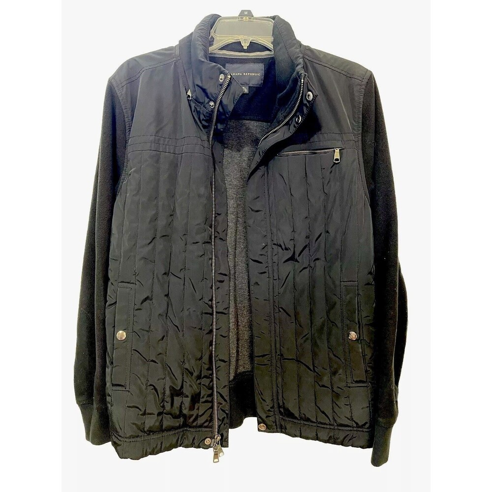 Banana Republic Jacket Men's Medium Quilted Front  Fleece Arms Hood Black EUC